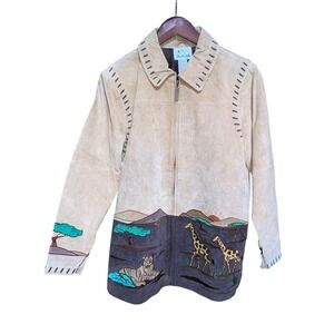 Leather Jacket Sz S Tan Western Safari Whimsical Animal Patchwork Vintage 80s